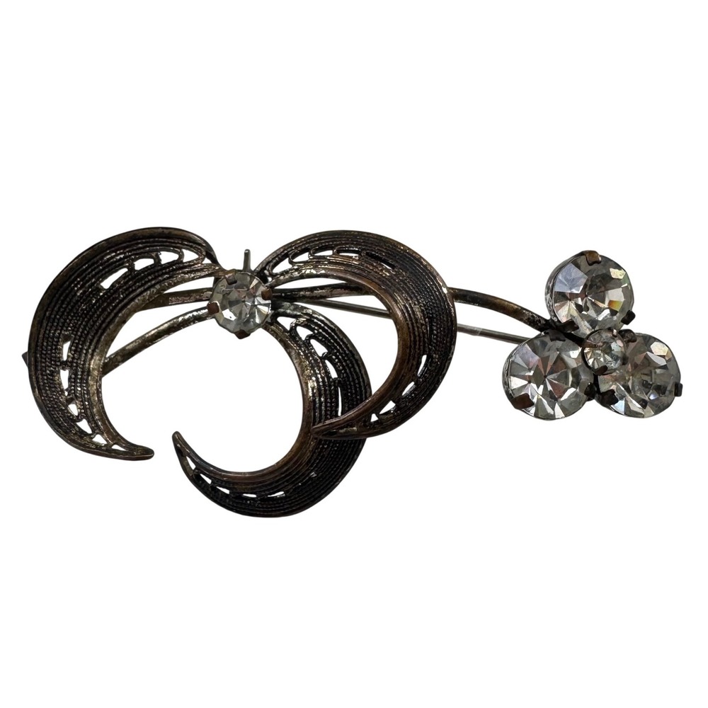 Vintage Austrian Filigree Brooch Rhinestone Crescent Pin Traditional MCM Antique - Picture 3 of 6